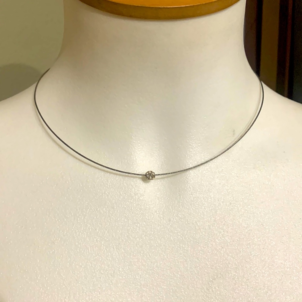 L C  Wire Necklace Choker with Small Clear Rhinestone Bead Silver Tone 17” Long